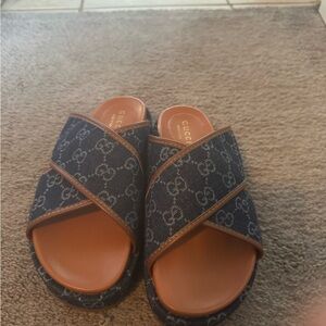 Gucci Blue Denim and Brown Leather Sandals